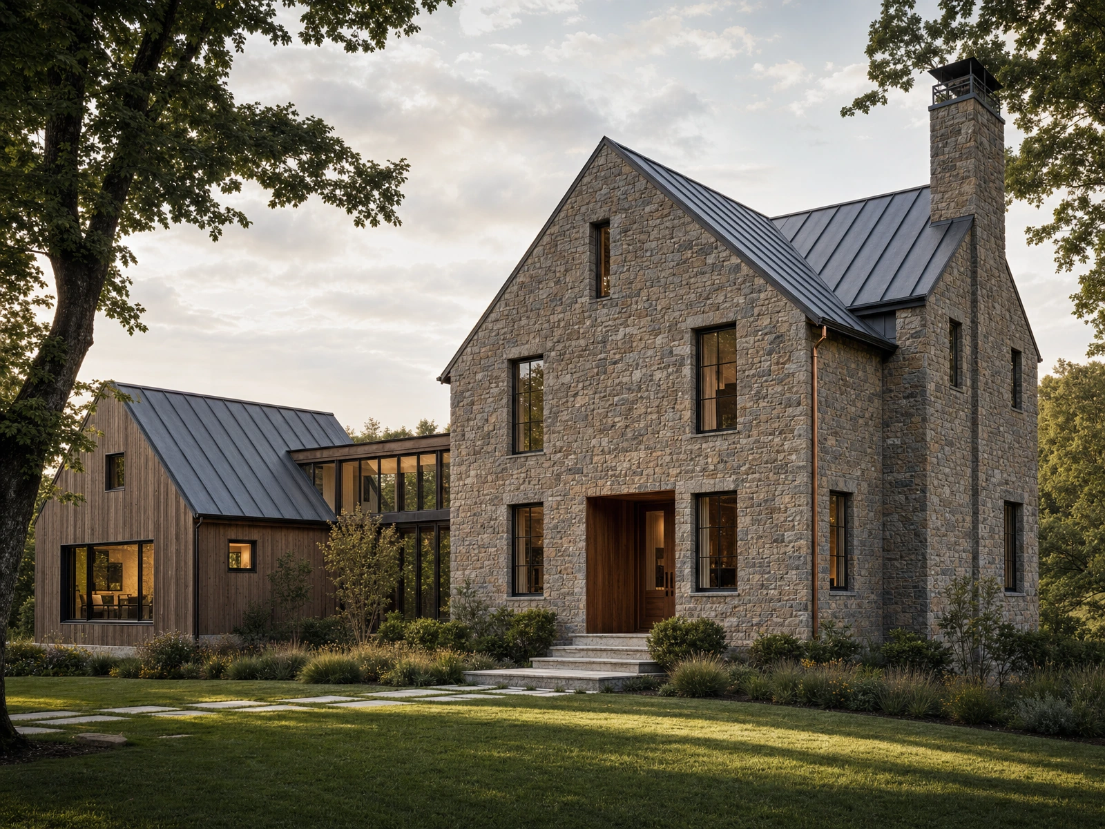 AI-generated architectural concept of a fieldstone farmhouse with a dark metal roof and a glazed link to a timber-clad wing.