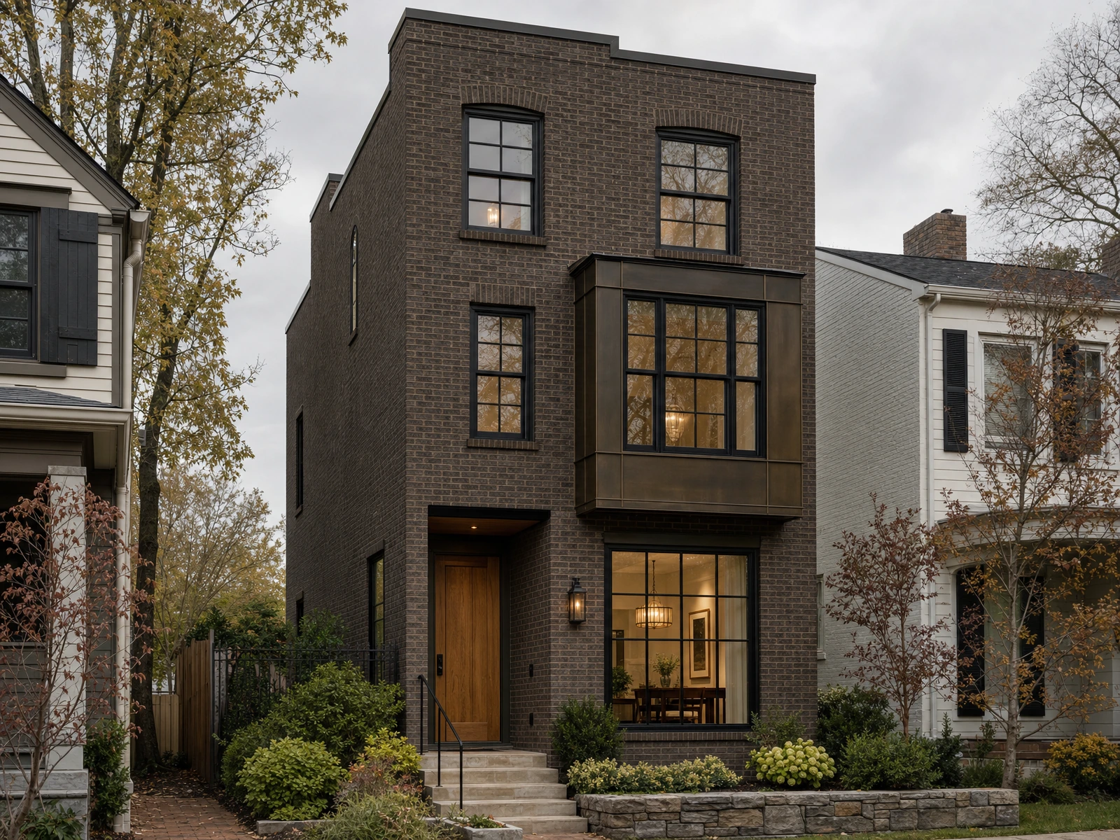 AI-generated architectural concept of a narrow dark-brick townhouse with a projecting bronze-framed bay and a recessed oak entrance.