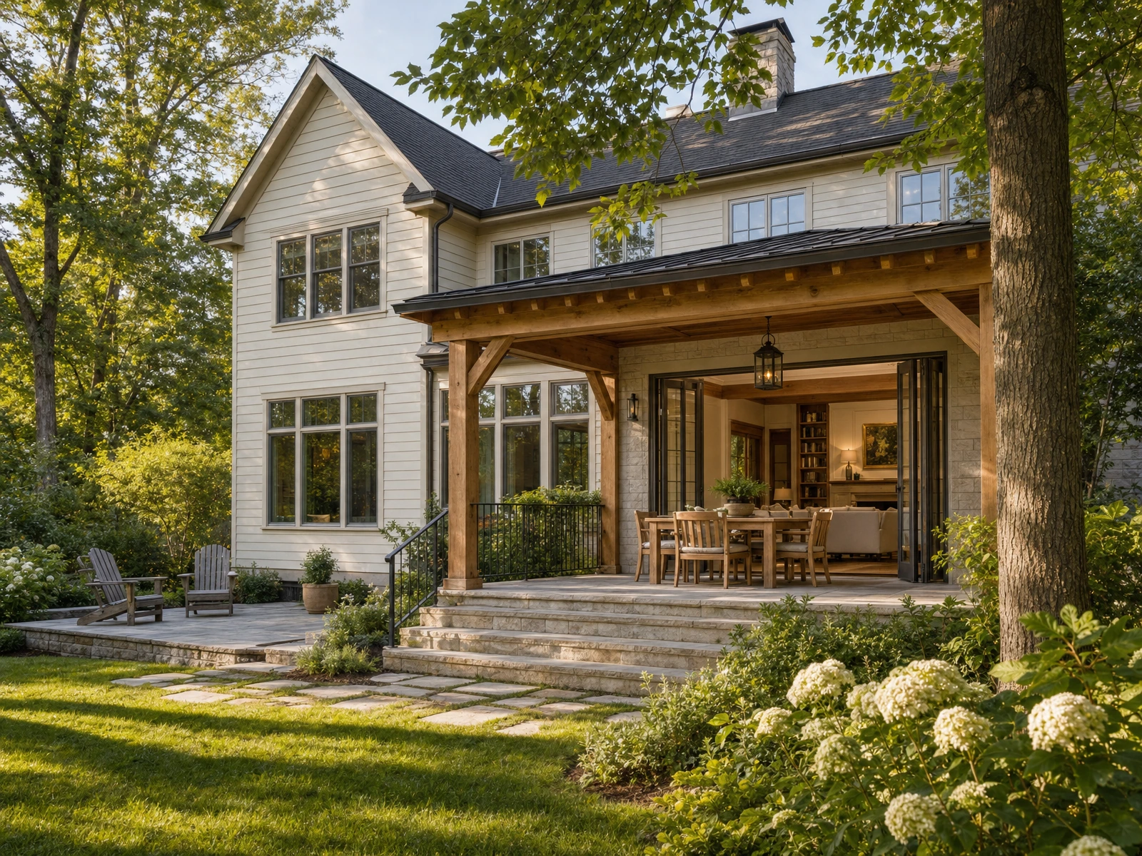 AI-generated architectural concept of a pale-sided home with a timber-framed dining porch and a separate garden sitting terrace.