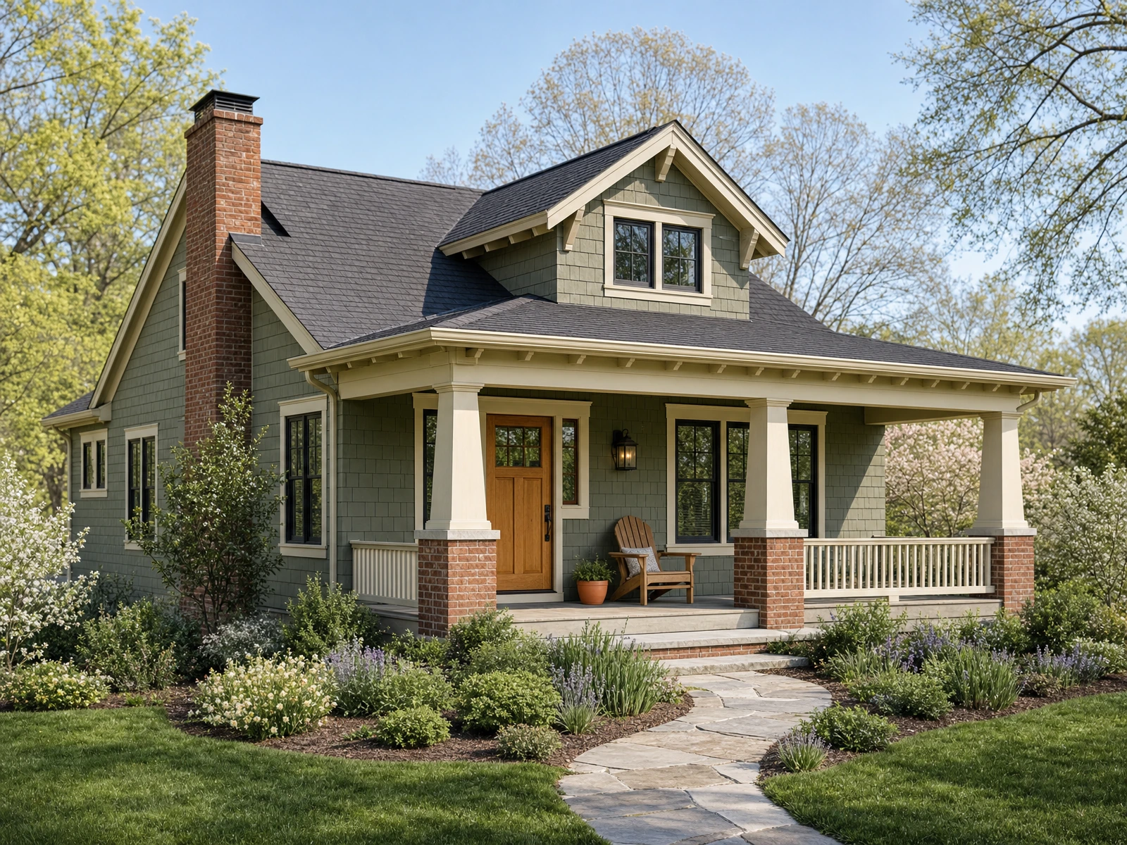 AI-generated architectural concept of a sage-shingle bungalow with a brick chimney and a deep front porch framed by tapered columns.