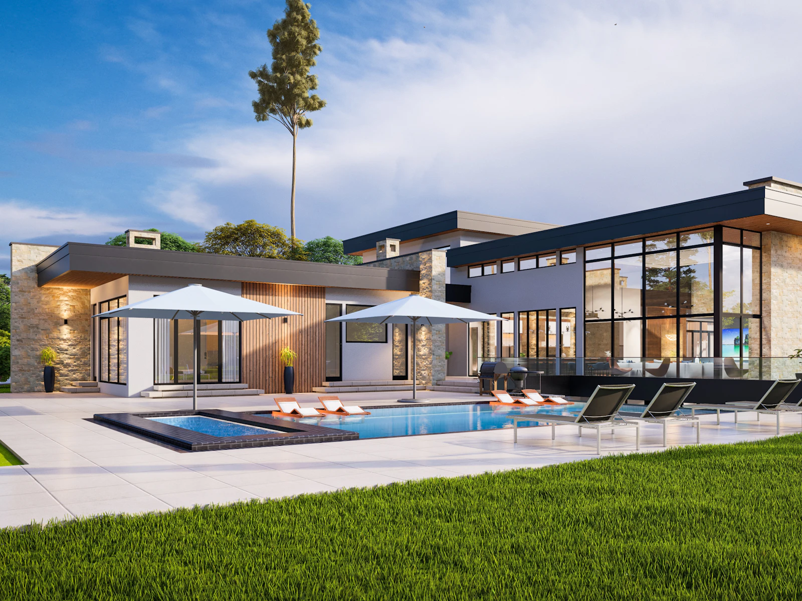Illustrative photo of a modern house with a pool and lounge chairs