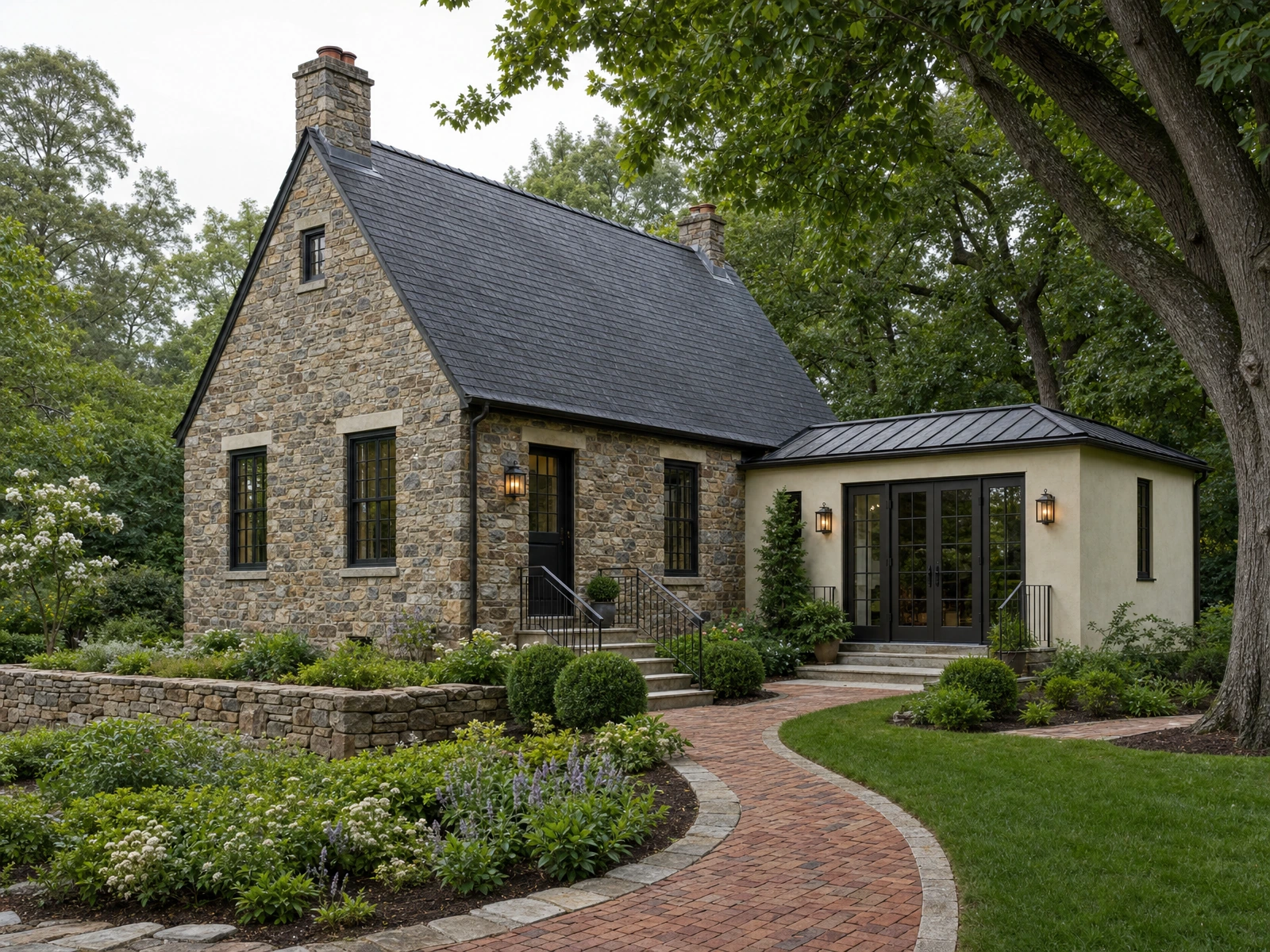 AI-generated architectural concept of a fieldstone cottage with a slate roof and a pale-plaster garden addition.
