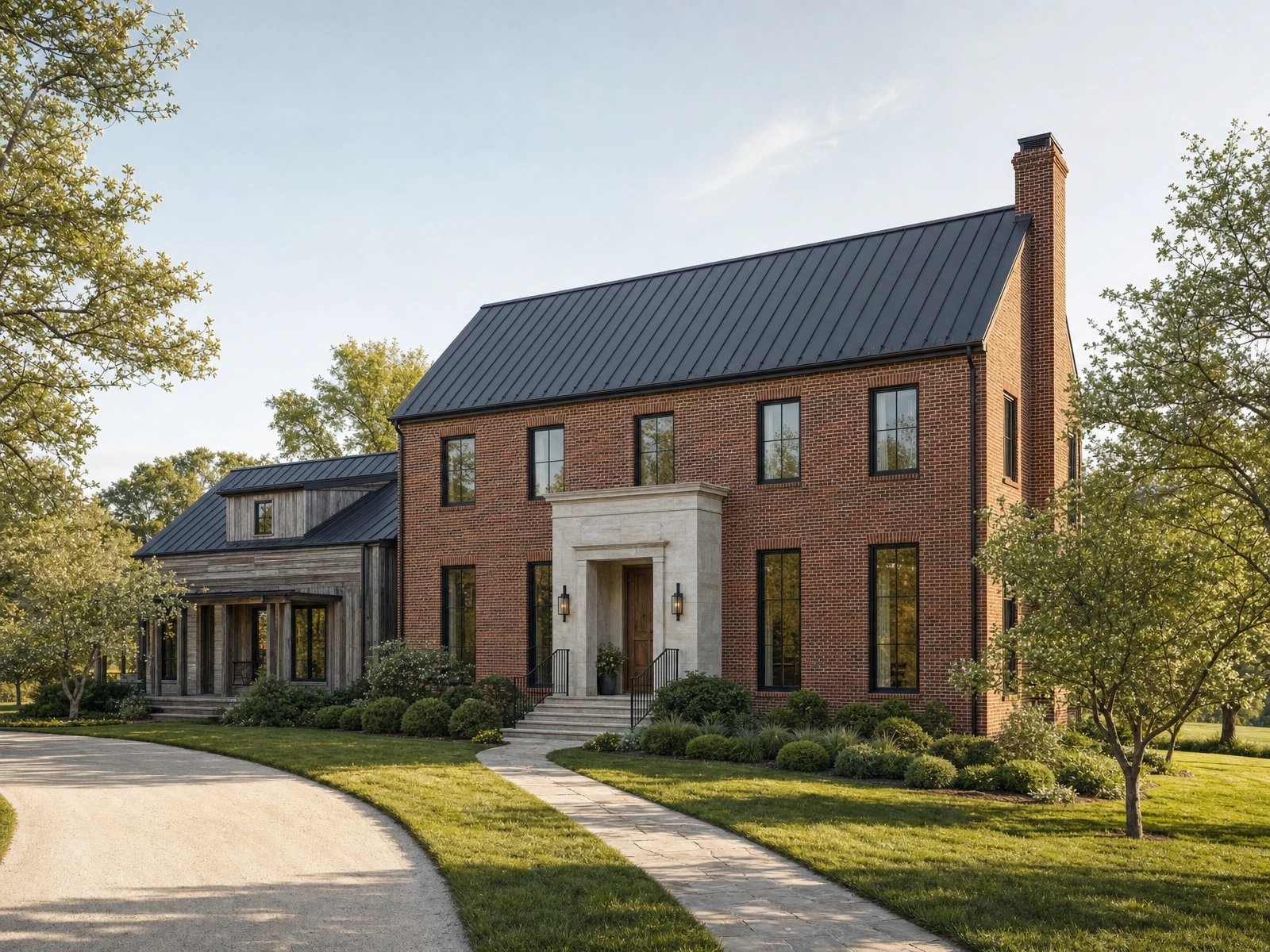AI-generated architectural concept of a brick farmhouse with a limestone entrance surround, a timber side wing and a curved drive.