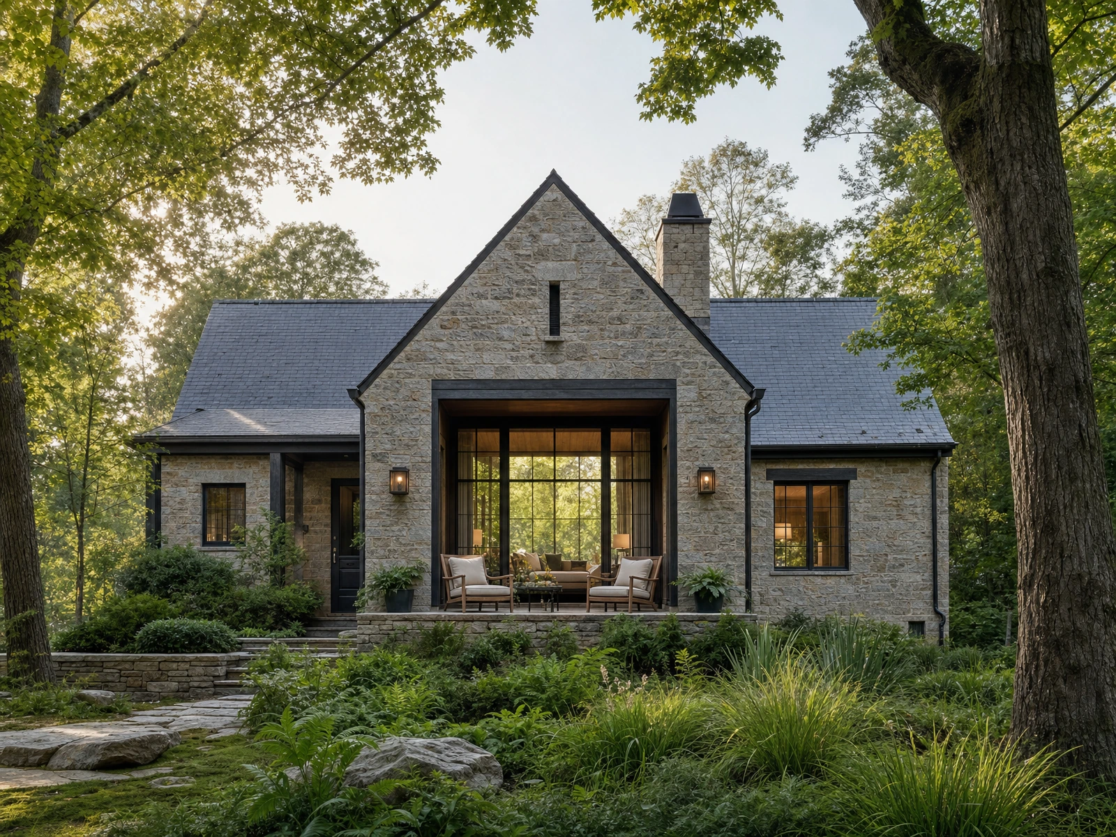 AI-generated architectural concept of a low stone home with a central slate gable and a sheltered garden sitting porch.