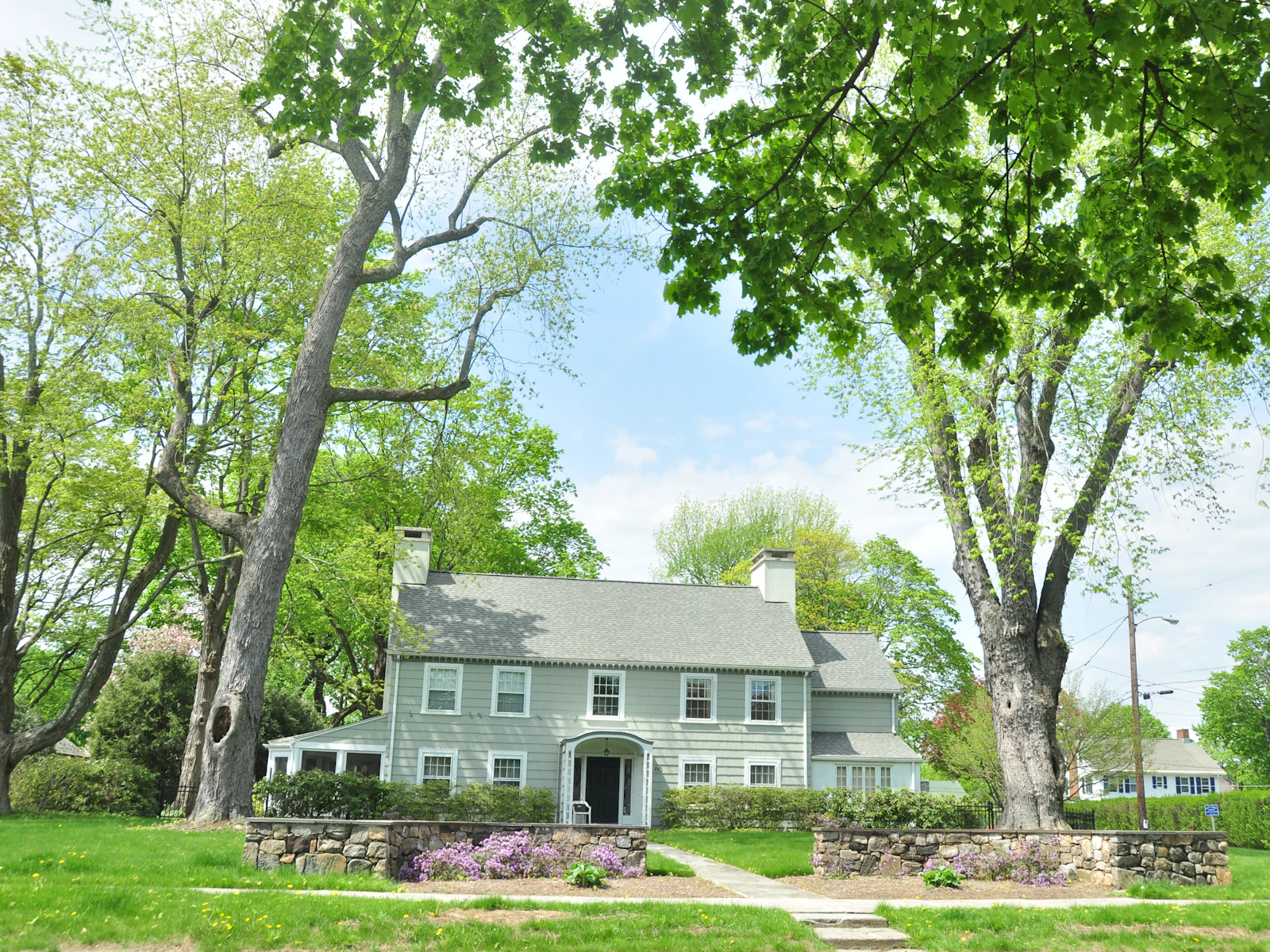 Illustrative photo of white and gray house near green trees during daytime