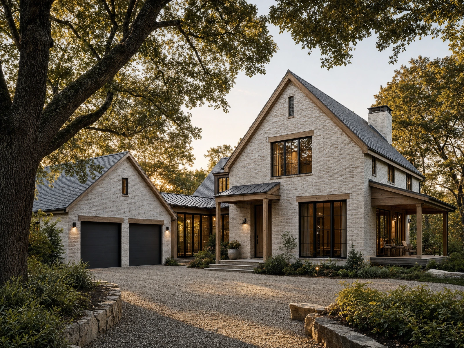 AI-generated architectural concept of a pale-brick country home with an attached garage wing, a glazed entrance link and a sheltered side porch.