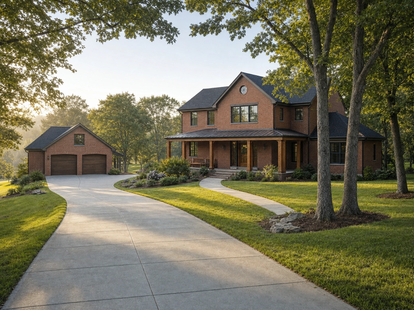 AI-generated architectural concept of a rural brick home with a detached garage, a curved concrete drive and a separate walk to its porch.