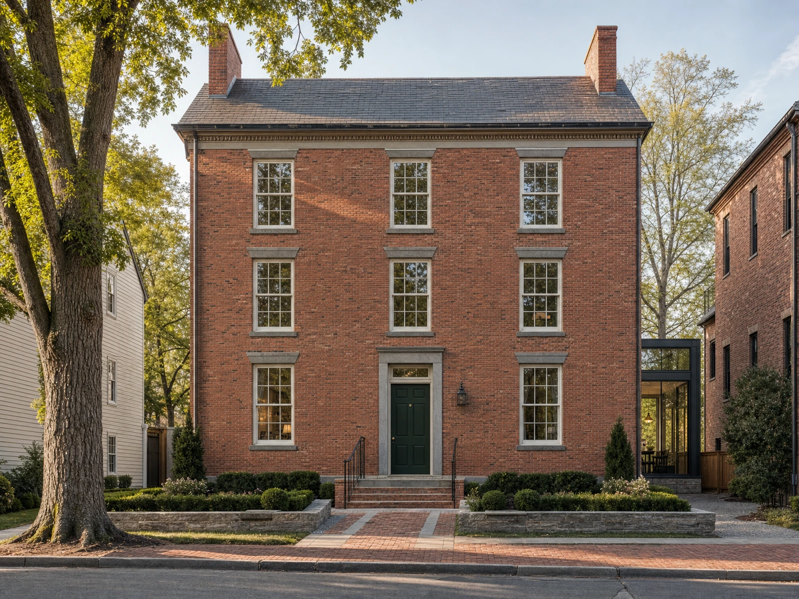 AI-generated architectural concept of a Federal-inspired brick home with sash windows, a green front door and a glazed side connection.