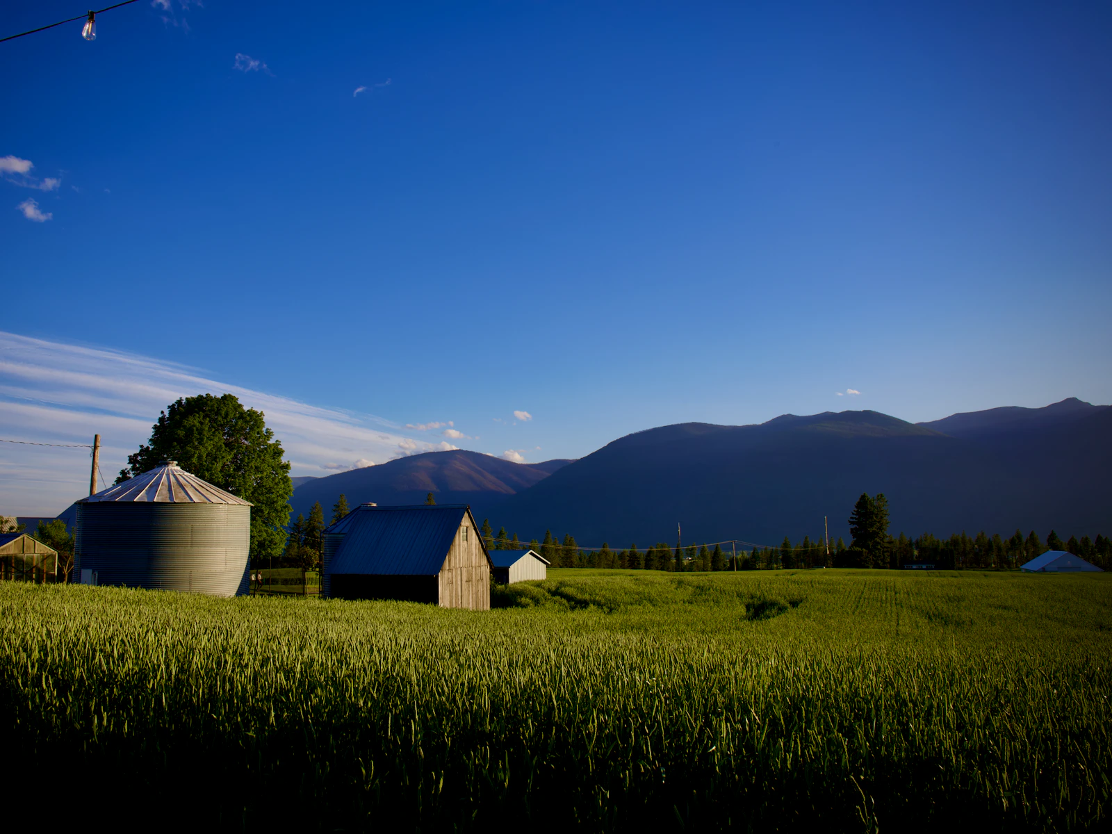 Illustrative photo of rural farm scene with silo, barn, and mountains