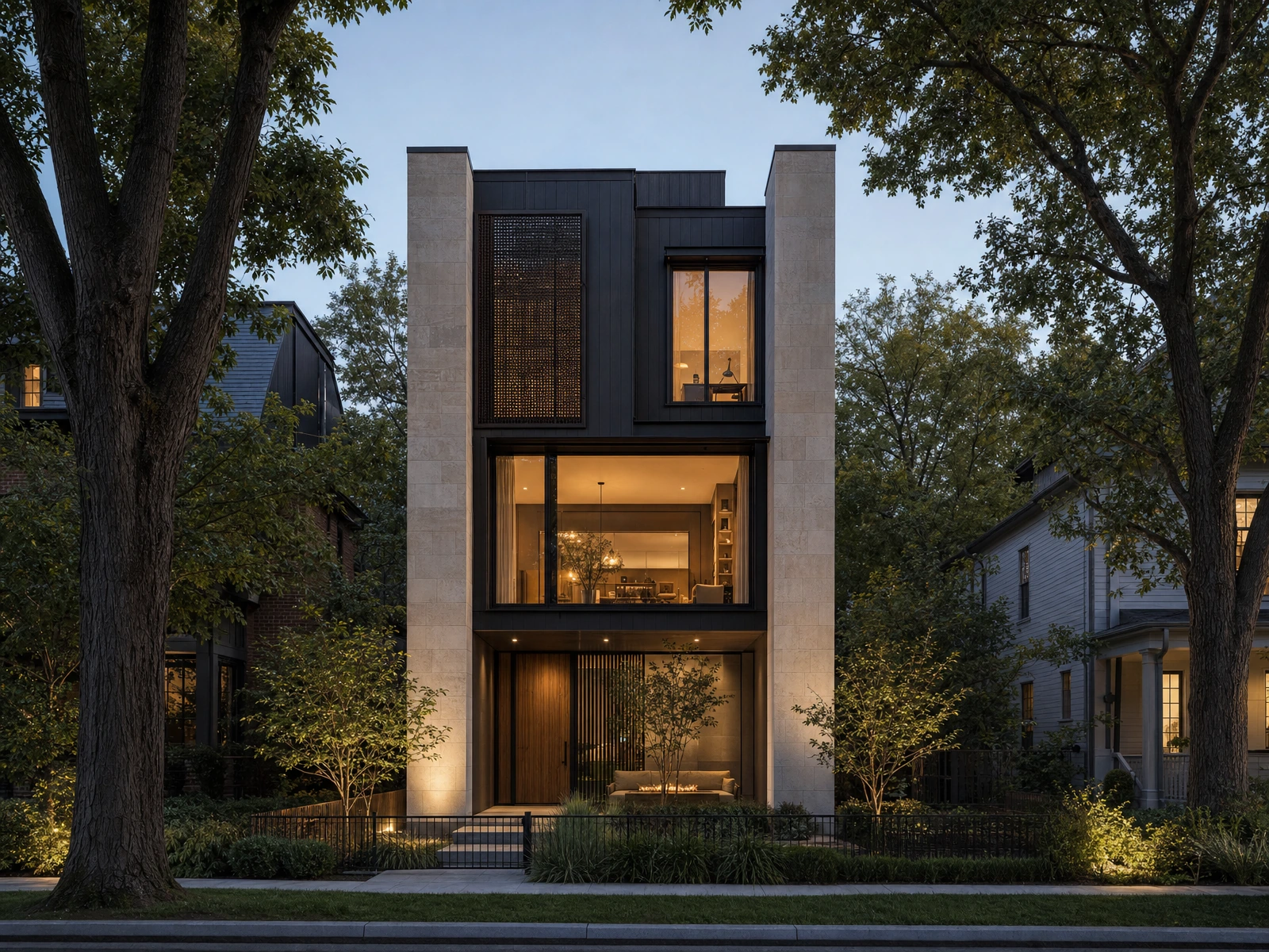 AI-generated architectural concept of a limestone-and-charcoal townhouse with a bronze privacy screen and a sheltered front courtyard.