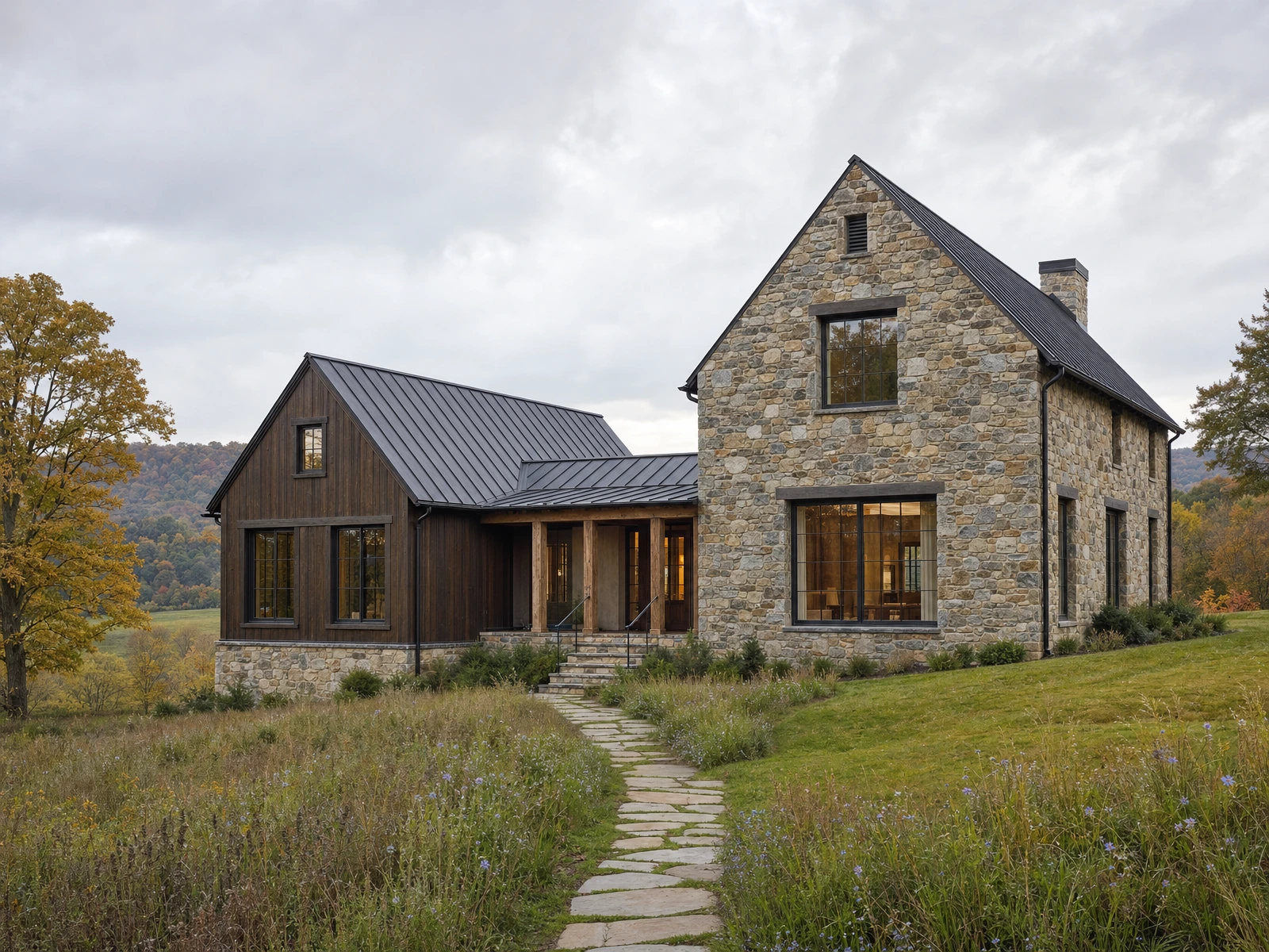 AI-generated architectural concept of a stone-and-timber country home with two gabled volumes and a sheltered central entrance.