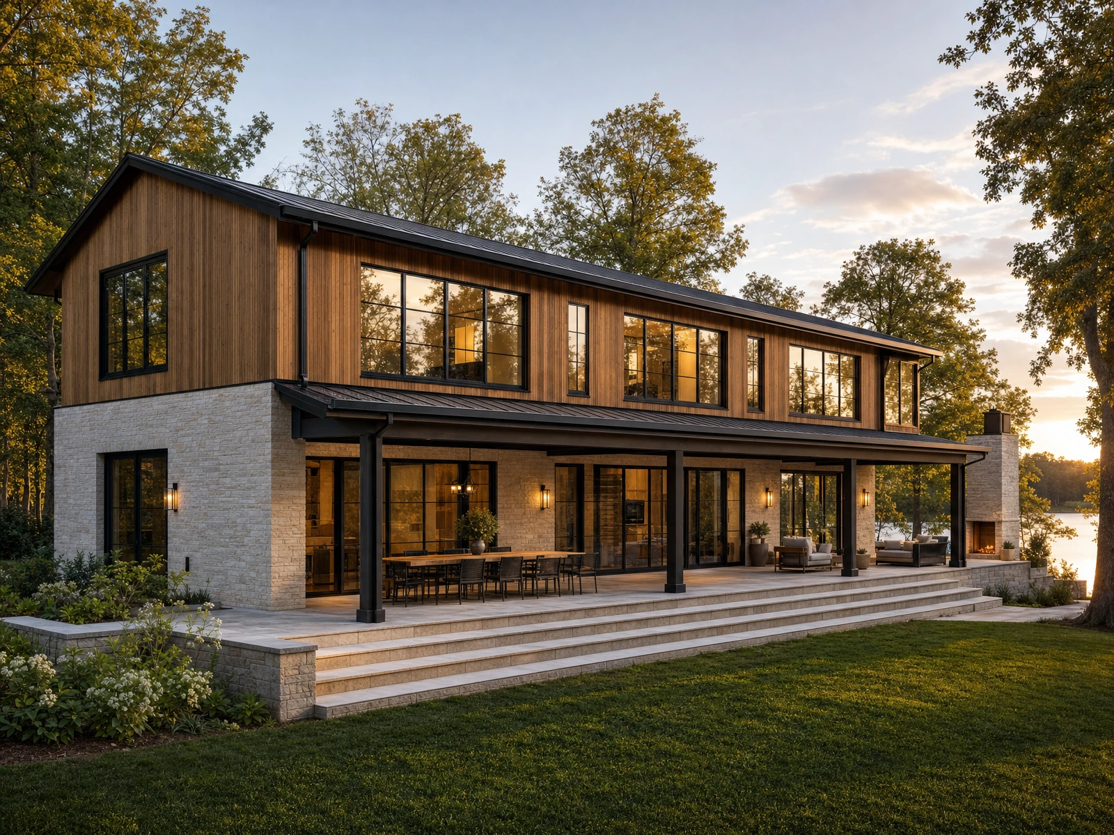 AI-generated architectural concept of a cedar-and-stone home with a long covered porch and a garden terrace overlooking water.