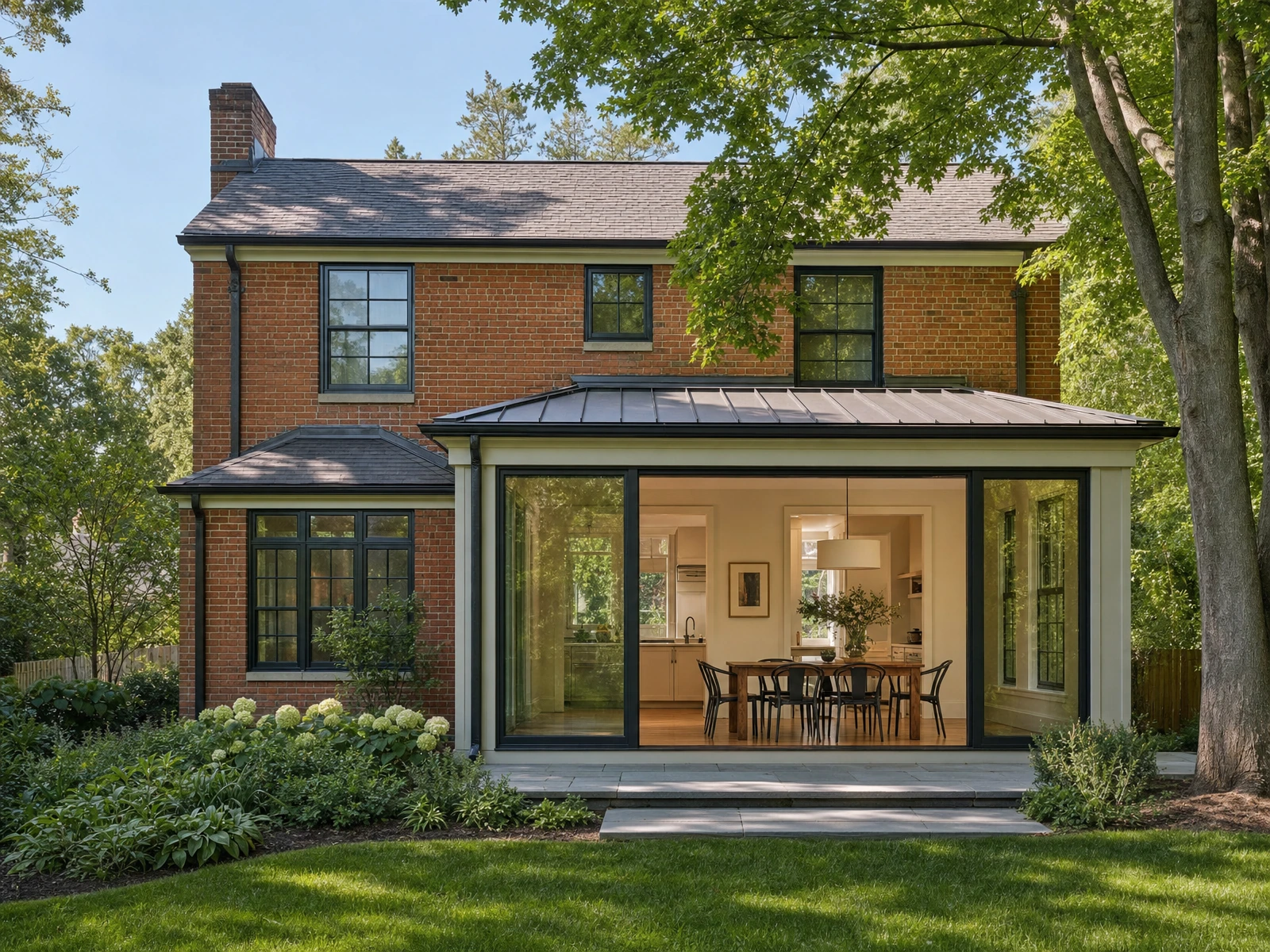 AI-generated architectural concept of a brick colonial home with a glazed dining-room addition opening onto a small garden terrace.