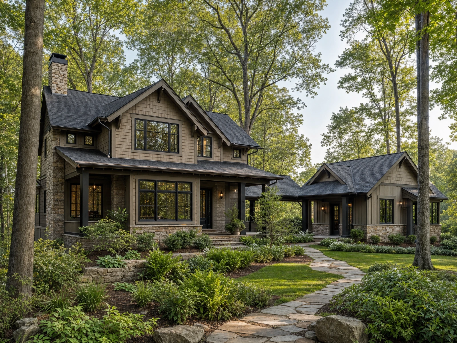AI-generated architectural concept of a stone-and-timber home with a lower connected wing and a sheltered garden entrance.