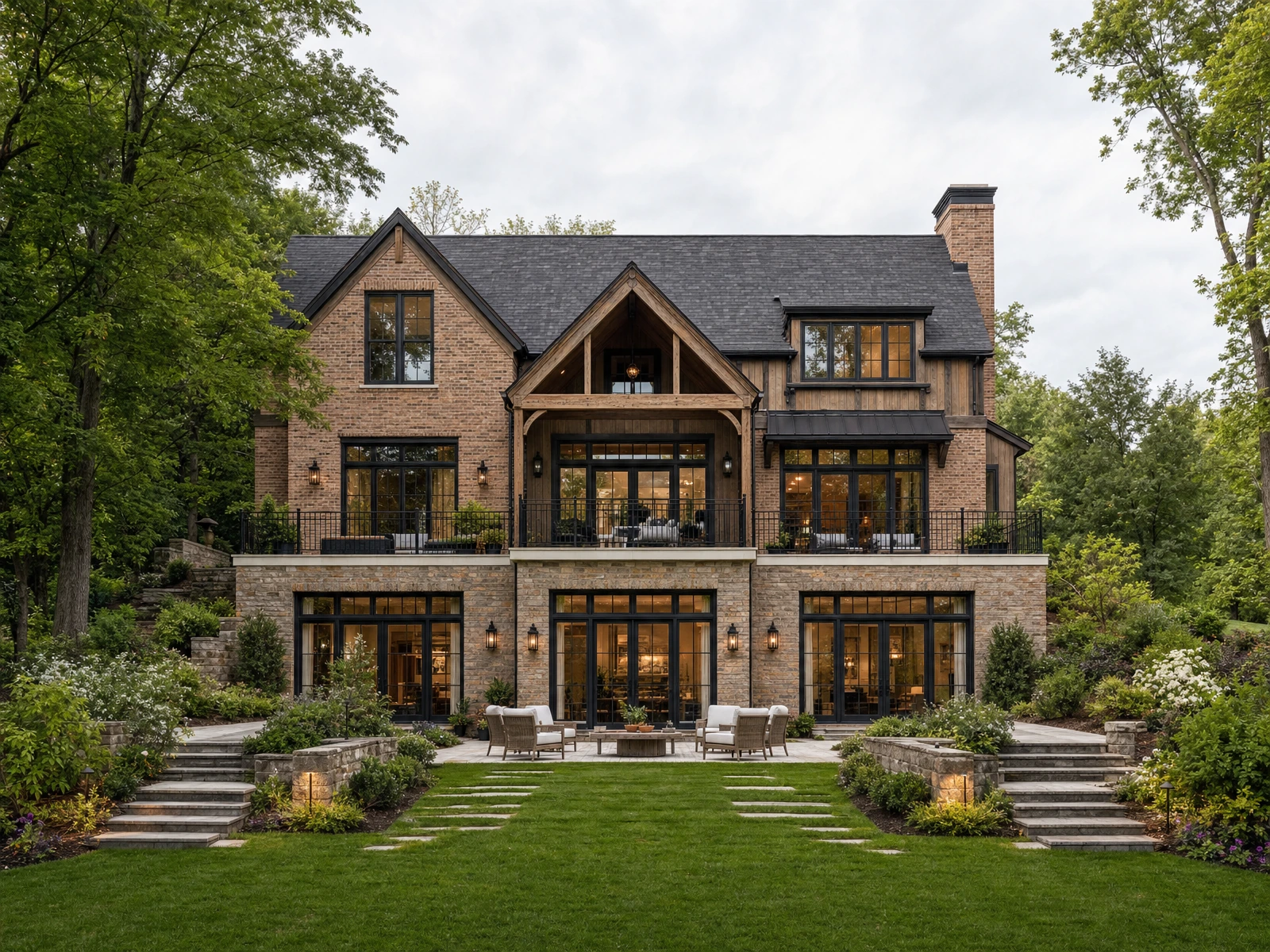 AI-generated architectural concept of a brick-and-timber home with a walkout garden level, an upper terrace and broad garden steps.