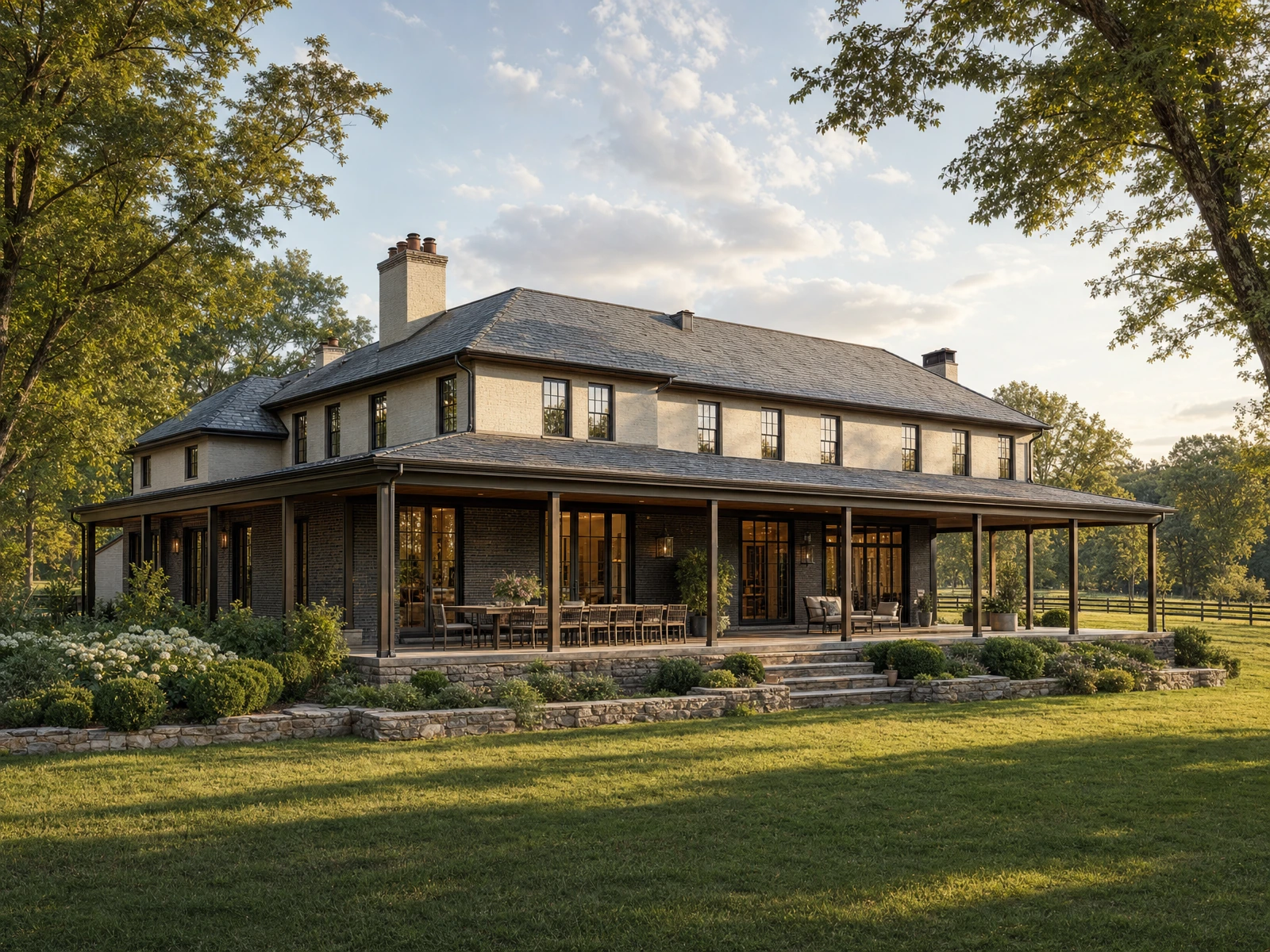 AI-generated architectural concept of a pale masonry and dark brick residence with a deep covered porch overlooking a lawn.