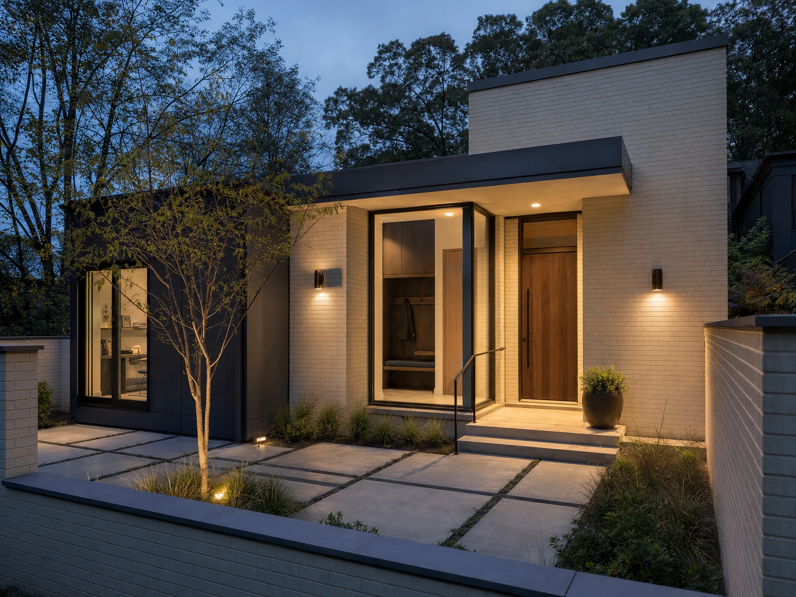 AI-generated architectural concept of a cream-brick and charcoal home with a sheltered entrance and glazed study bay.