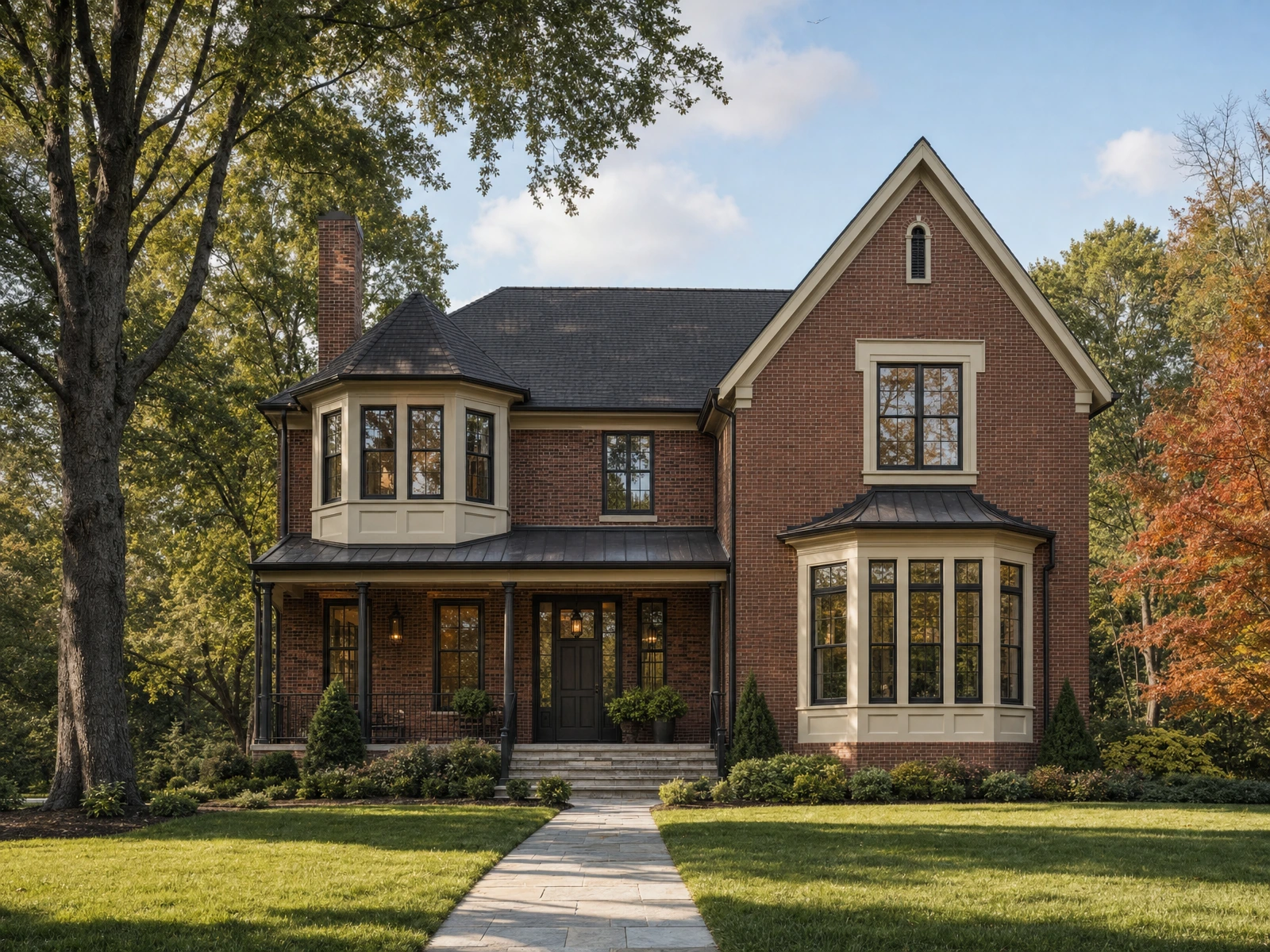 AI-generated architectural concept of a red-brick residence with projecting bay windows, a sheltered porch and a stone garden walk.