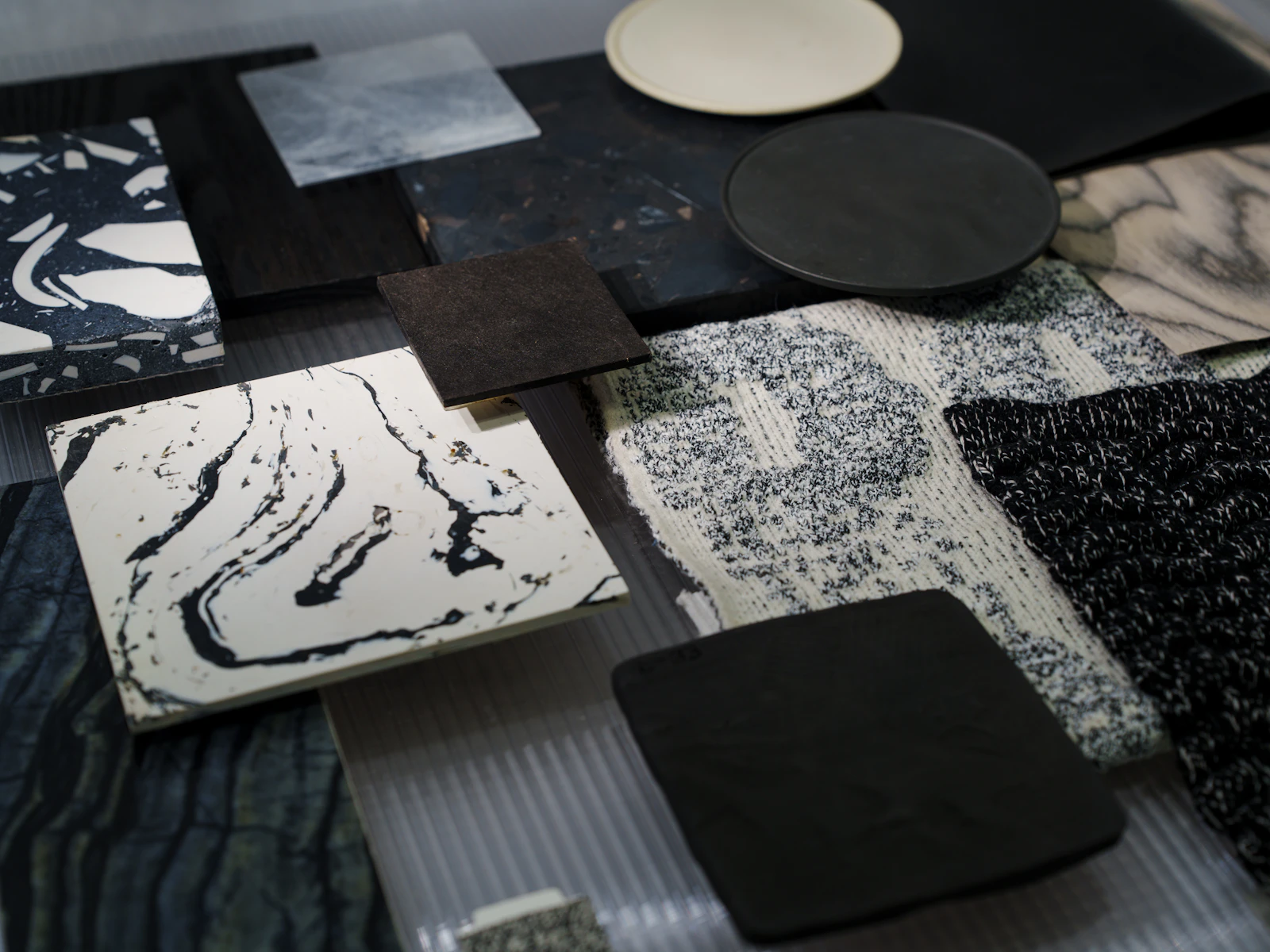Illustrative photo of finish materials and textures arranged for selection