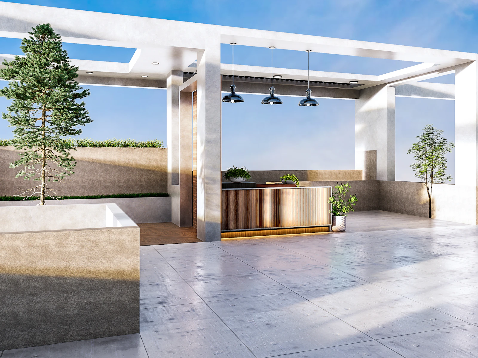 Illustrative photo of modern outdoor lounge area with bar and plants