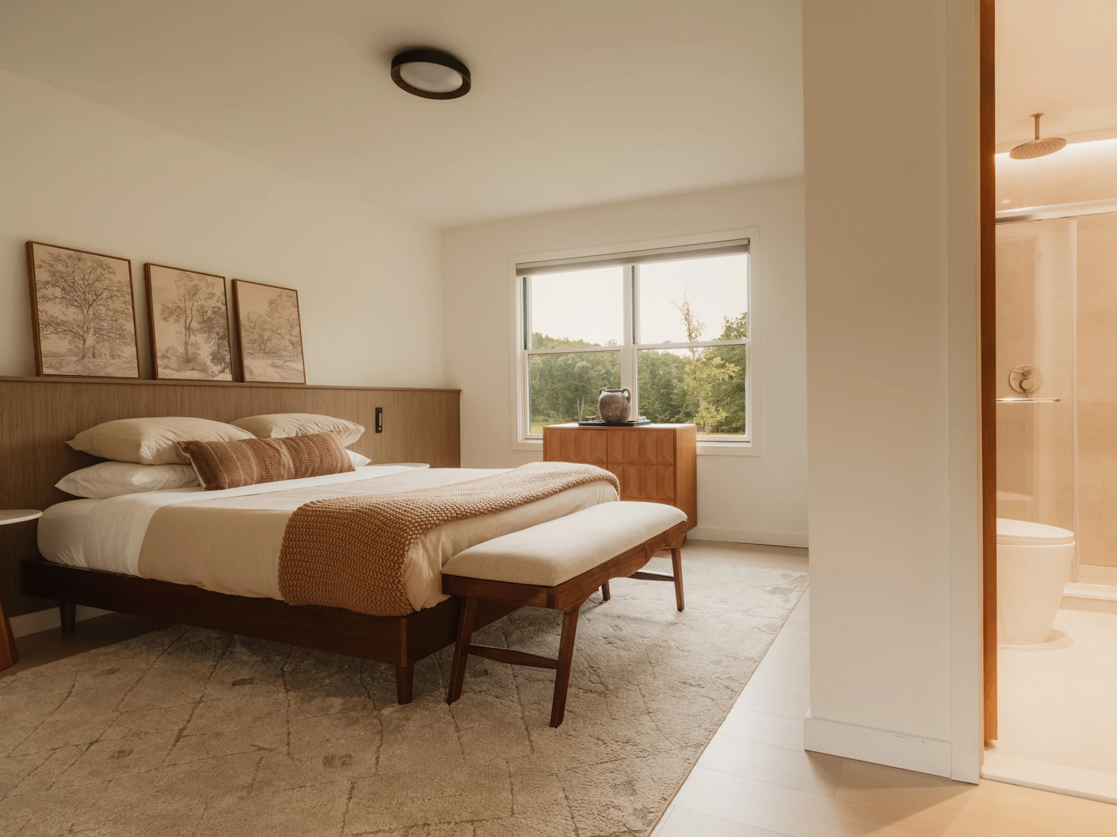 Illustrative photo of a bedroom with a wooden bed frame and a glass shower in the bathroom