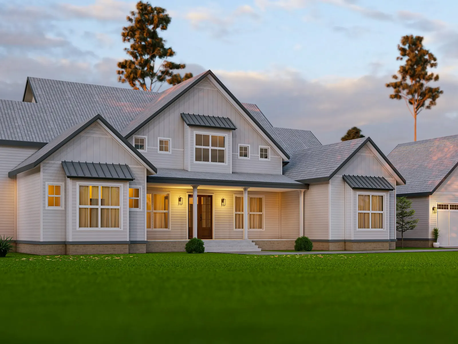 Illustrative photo of a white farmhouse with a front porch and lit windows at dusk