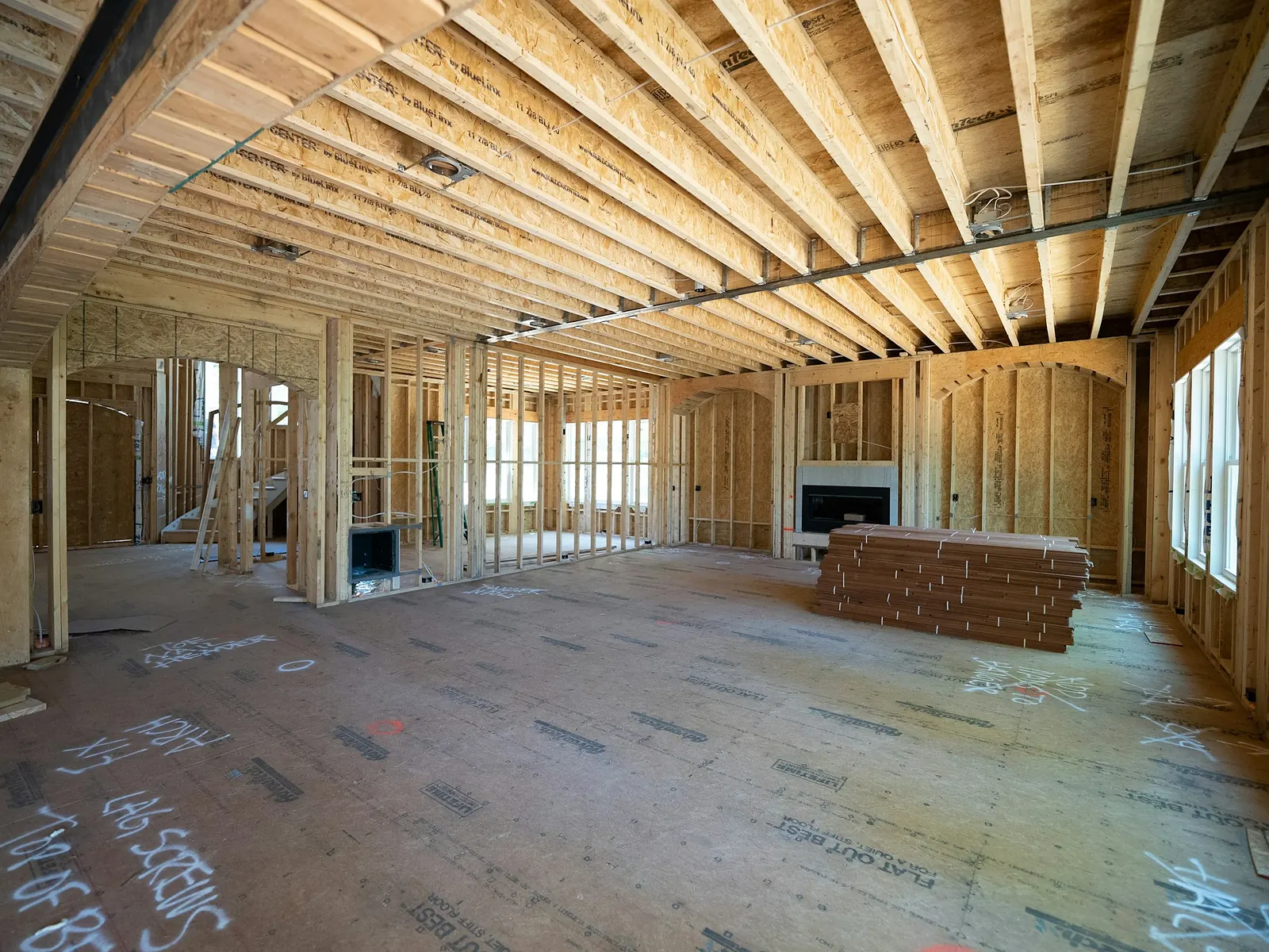 Illustrative photo of the wood framing inside a house under construction