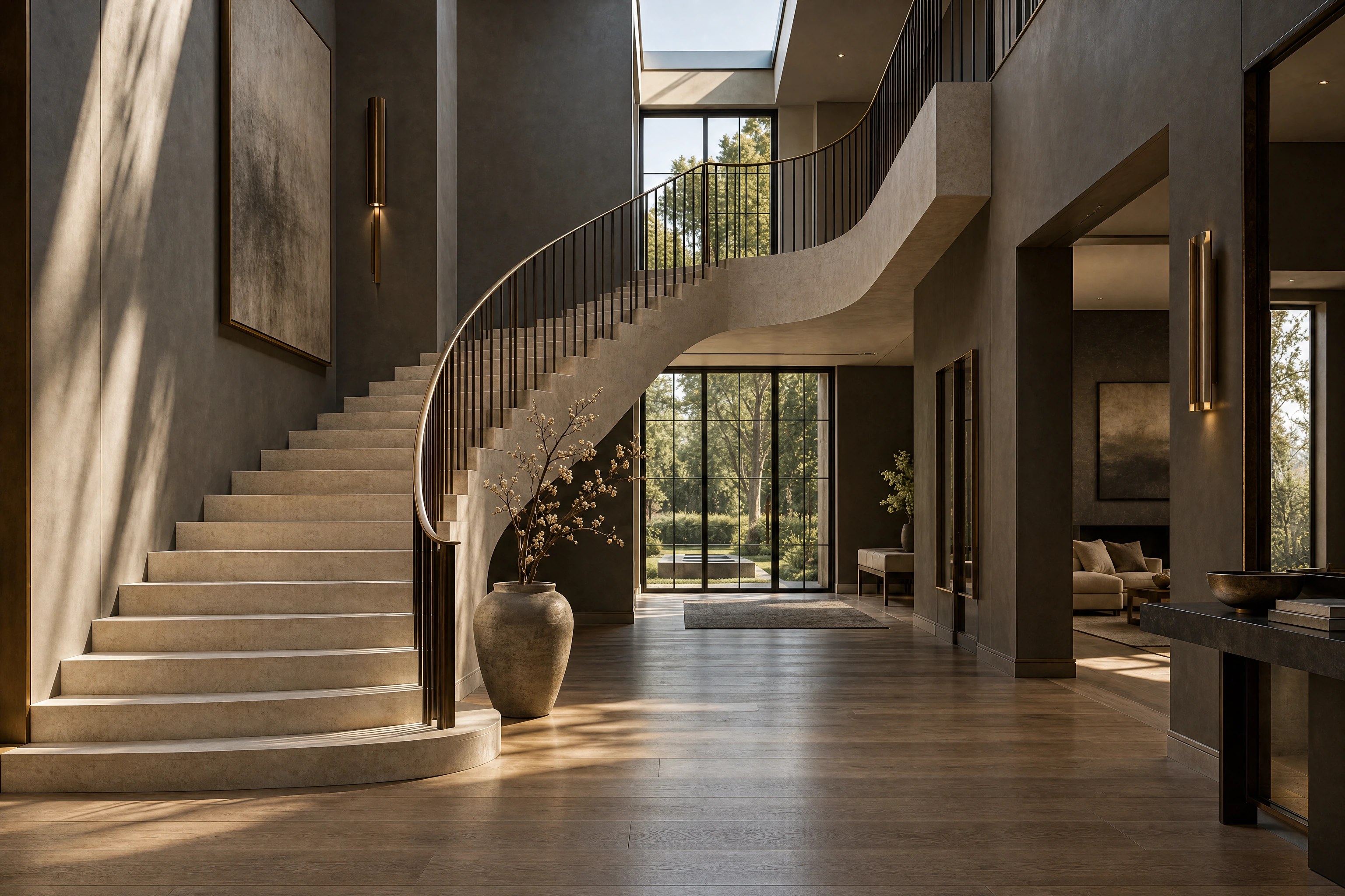 AI-generated architectural concept: a curved limestone stair with bronze railings in a double-height foyer lit by a skylight and garden windows.