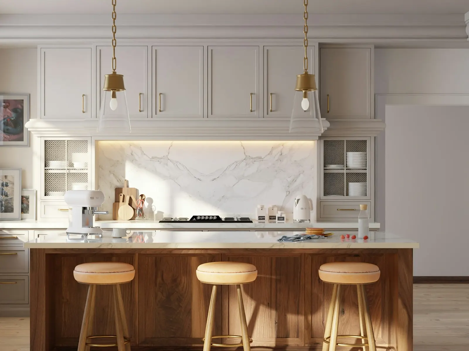 Illustrative photo of a white kitchen with a marble backsplash and a wood island with stools